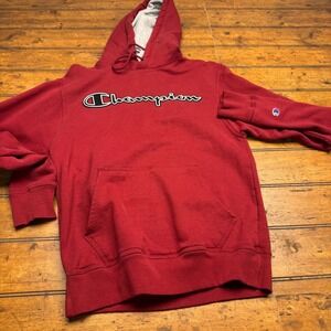 Champion Red Hoodie Sweatshirt Logo Spell Out Pocket‎ Hooded Pullover Women S